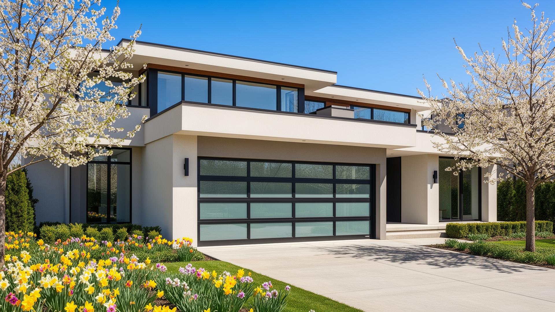 Modern contemporary home with aluminum glass panel garage door in Prosper TX